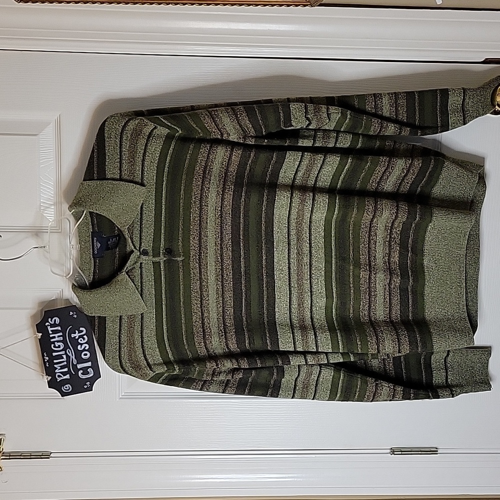 Dockers Sweater Large Green Brown Tan Stripe with Collar